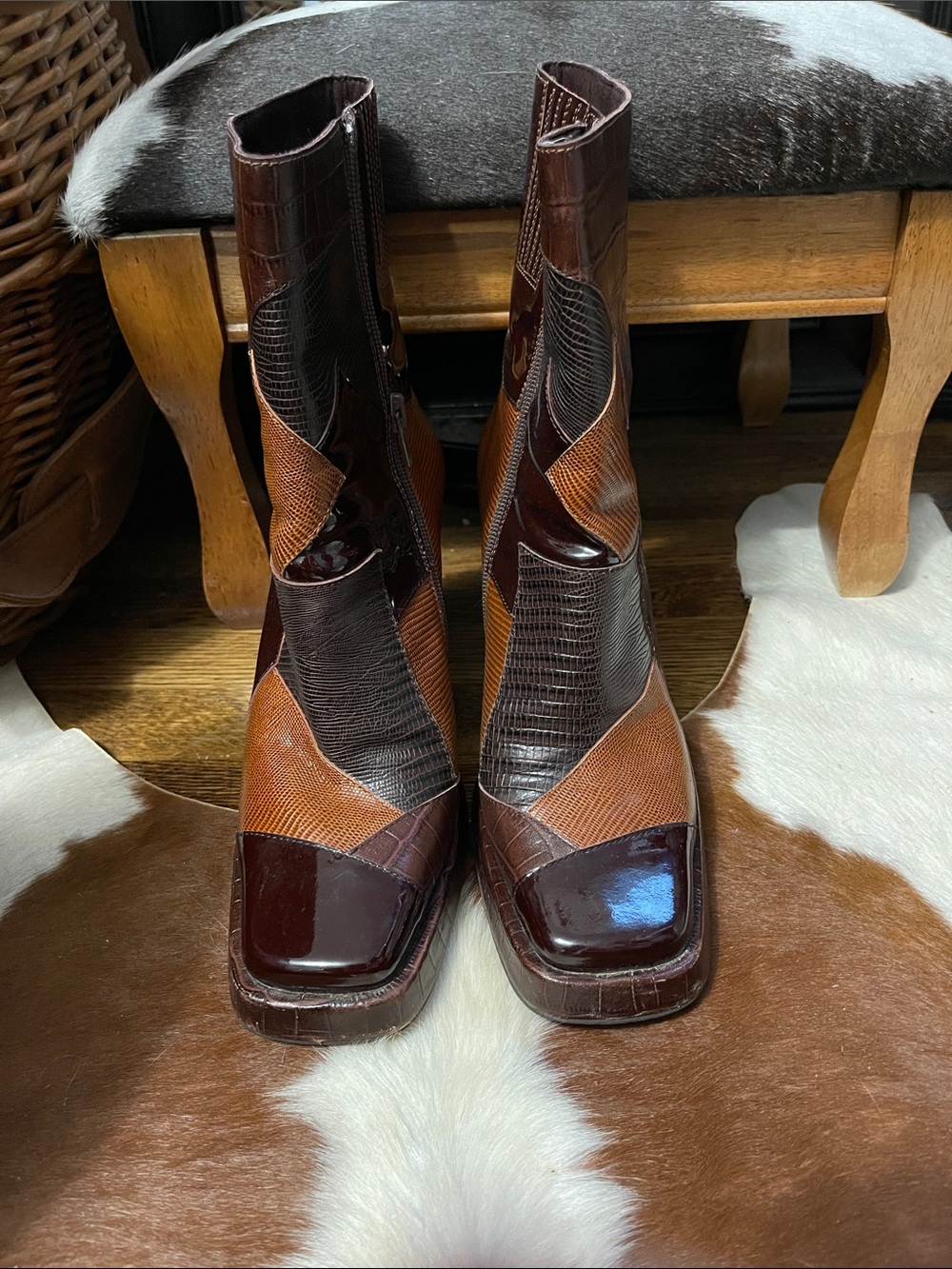 Womens Brown Patchwork Leather Ankle Boots - Picture 3 of 7